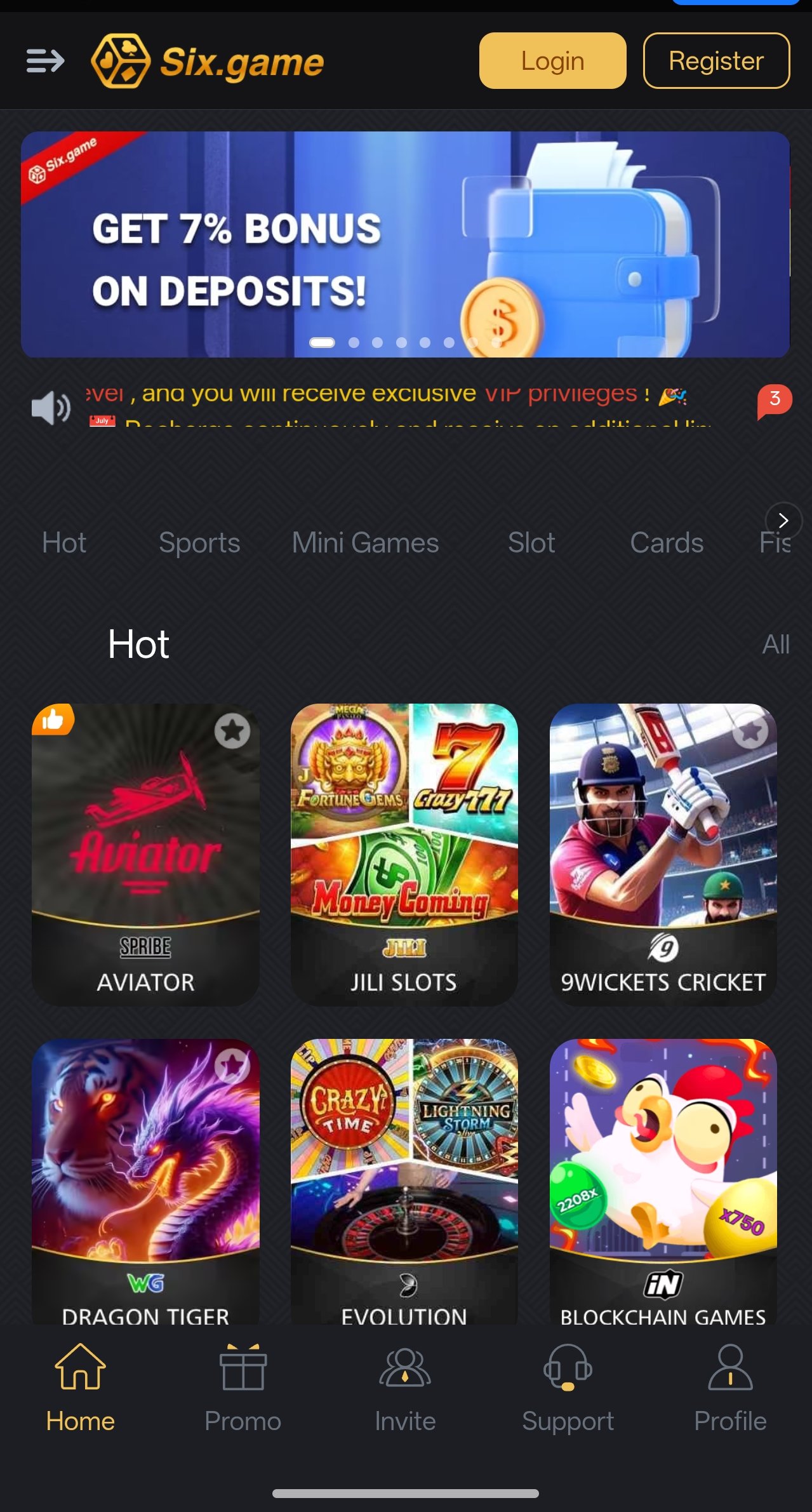 Six Game app home screen showing the slot lobby, bonus banner and wallet balance