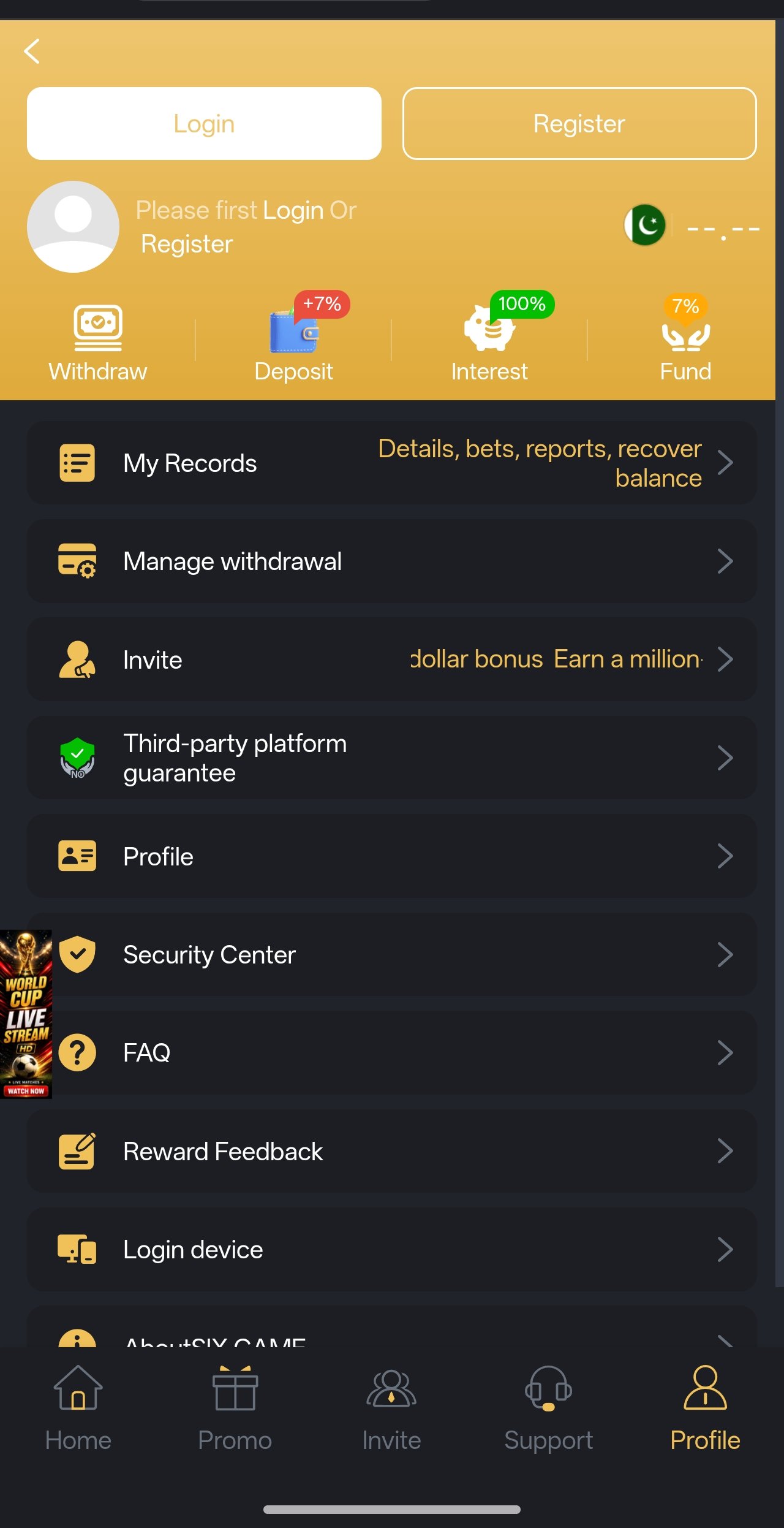 Six app bonus centre listing the welcome package and reload offers